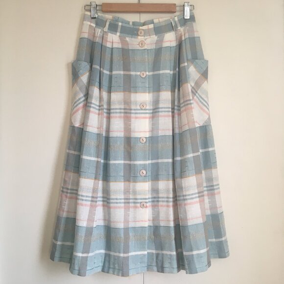 Vintage Pastel Pink & Sage Green Pocket Pleated Button Up Made in Canada Skirt - Picture 3 of 16